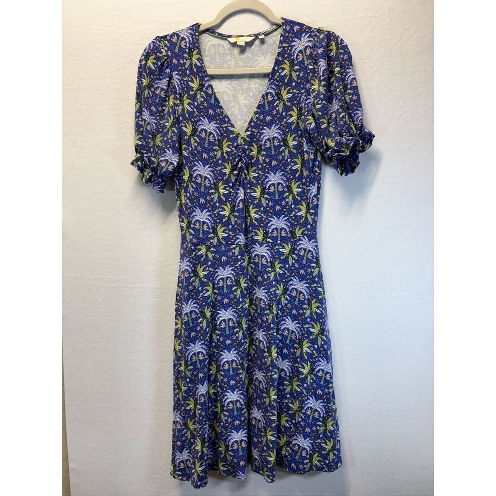 Boden Blue Palm-Print V-Neck Midi Dress with Green Accents